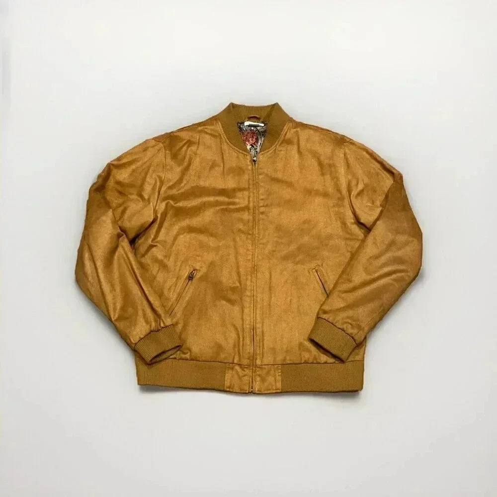 Y2K Obey Propaganda Faux Suede Brown Bomber Jacket Sz XL Floral Lining